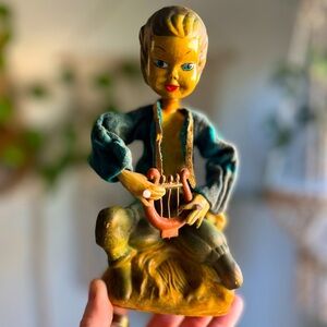 Vintage 1960s Figurine – Harp-Playing Elf / Sprite – Made in Hong Kong – 7” Tall